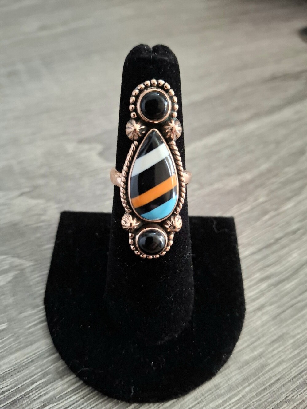 Black Onyx And Inlay Stone Ring On Copper Adjustable Band Sizes 5-6-7-8 - Picture 2 of 5